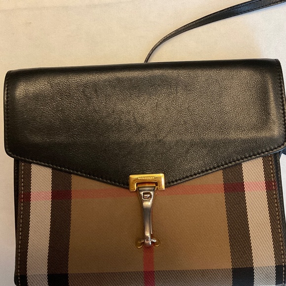 BURBERRY CHECKMARK AND NAVY BLUE LEATHER CROSSBODY PURSE.  Includes dust bag. - Picture 3 of 16